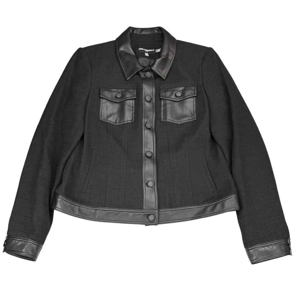 KARL LAGERFELD Tweed Faux Leather Trim Jacket Size 4 - Picture 2 of 7